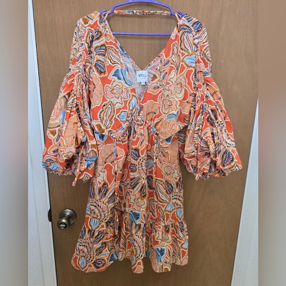 Misa Orange Floral Boho Dress with Blue and Cream Details And Puffed Sleeves